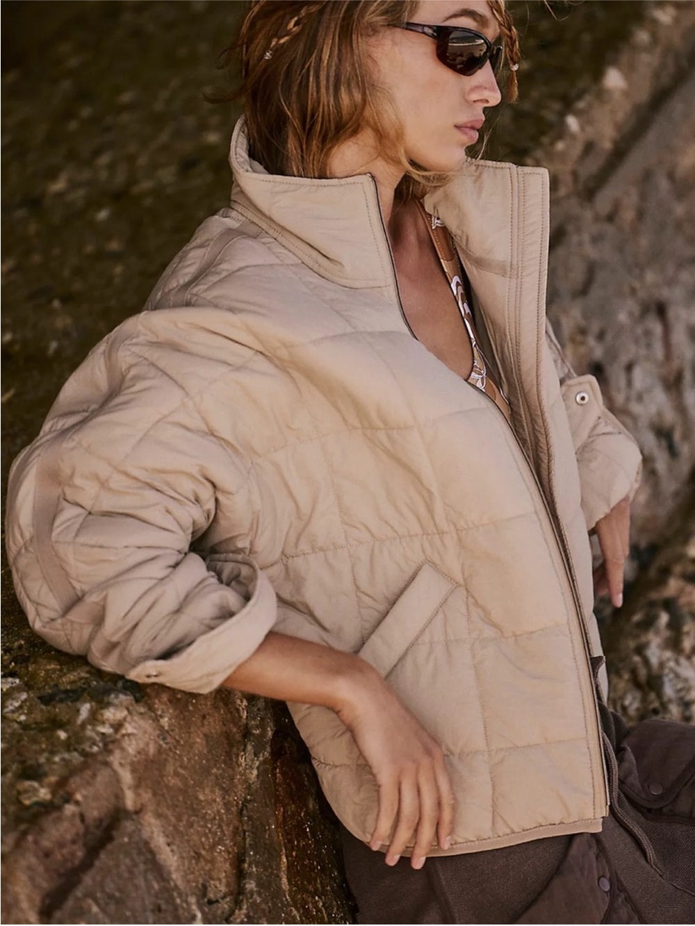 Free People FP Movement Quilted Pippa Puffer Jacket in Doe Khaki / Tan